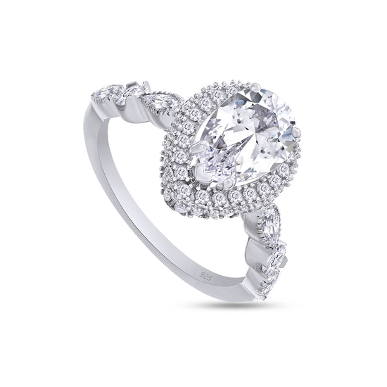 2.40 Carat Pear & Round Cut Lab Created Moissanite Diamond Halo Engagement Ring In 925 Sterling Silver
