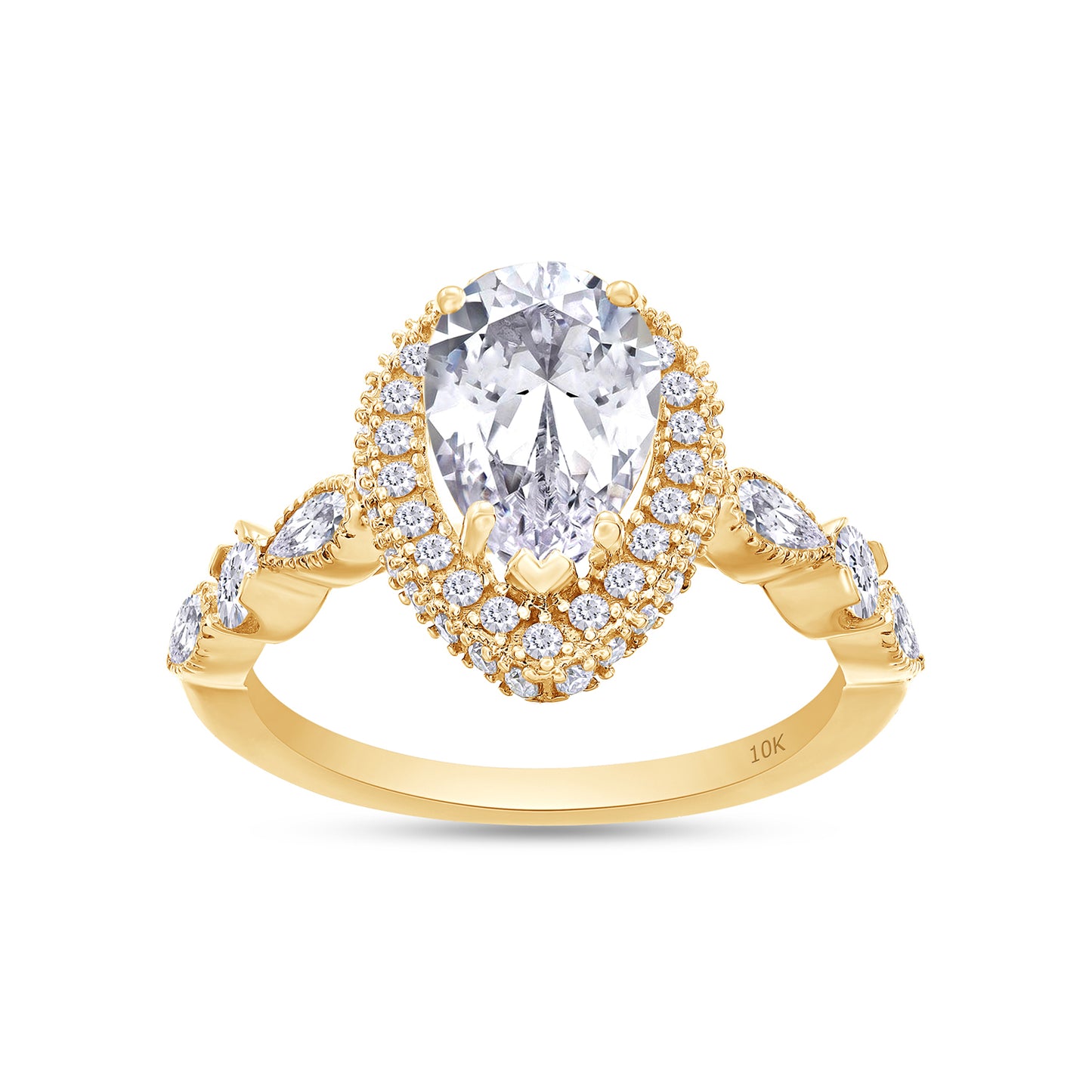 2.40 Carat Pear & Round Cut Lab Created Moissanite Damond Halo Engagement Ring In 10K & 14K Solid Gold