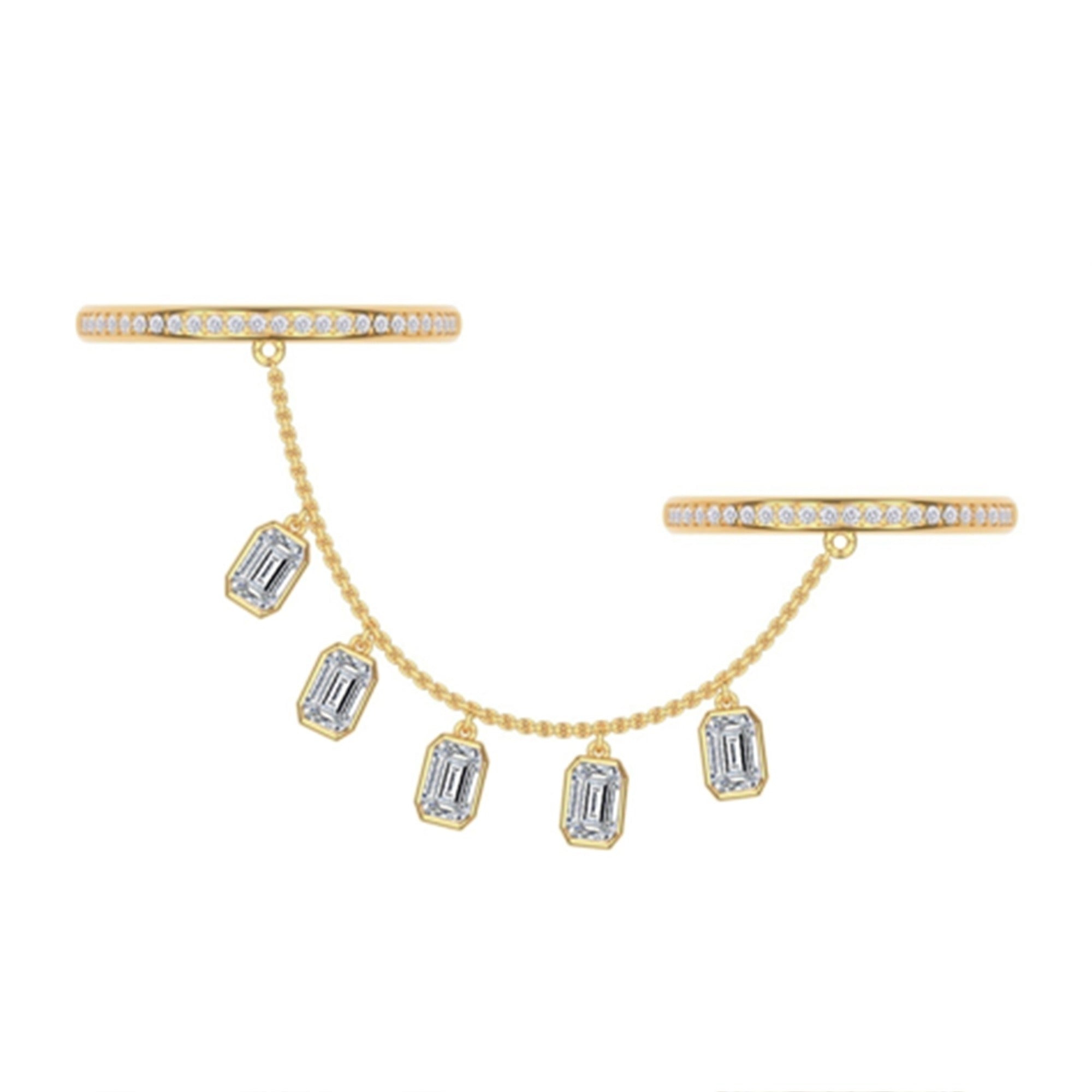 Right Hand Two Finger Chain 1.75 Carat Emerald & Round Lab Grown Diamond Ring