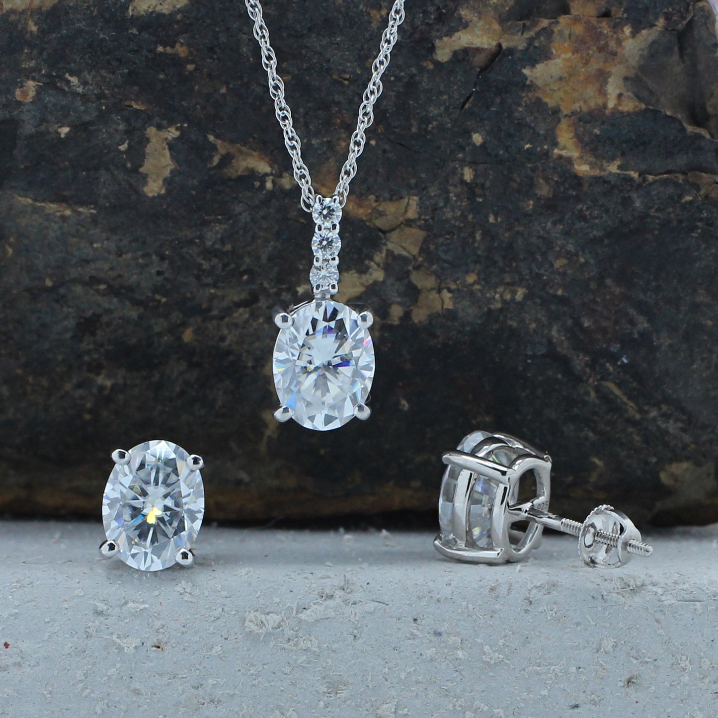 9X7MM Oval Cut Lab Created Moissanite Diamond Solitaire Pendant & Stud Earrings Jewelry Set In 925 Sterling Silver