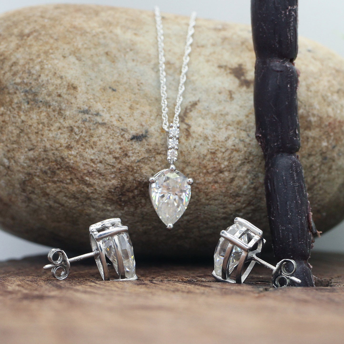 10X7MM Pear Cut Lab Created Moissanite Diamond Solitaire Pendant & Stud Earrings Jewelry Set In 925 Sterling Silver