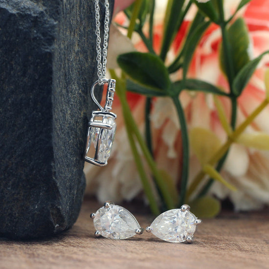 10X7MM Pear Cut Lab Created Moissanite Diamond Solitaire Pendant & Stud Earrings Jewelry Set In 925 Sterling Silver