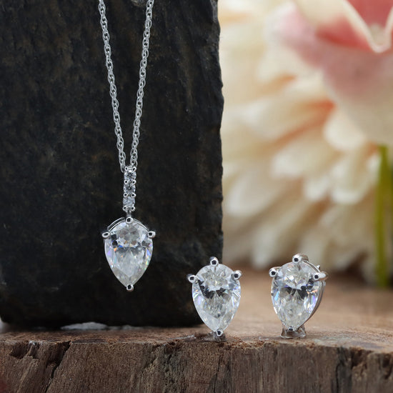 10X7MM Pear Cut Lab Created Moissanite Diamond Solitaire Pendant & Stud Earrings Jewelry Set In 925 Sterling Silver
