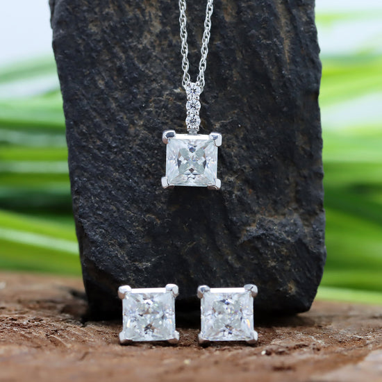 Load image into Gallery viewer, 7MM Princess Cut Lab Created Moissanite Diamond Solitaire Pendant &amp;amp; Stud Earrings Jewelry Set In 925 Sterling Silver
