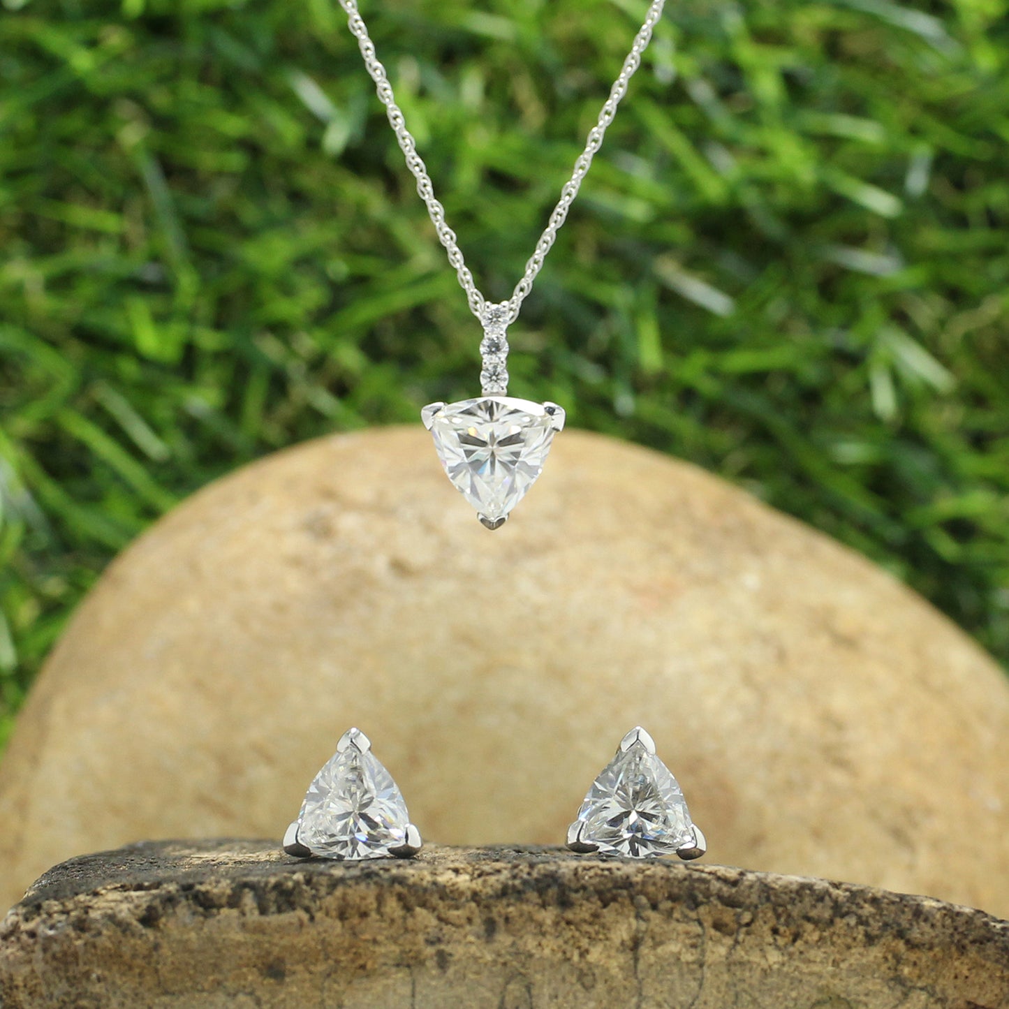 8MM Trillion Cut Lab Created Moissanite Diamond Solitaire Pendant & Stud Earrings Jewelry Set In 925 Sterling Silver