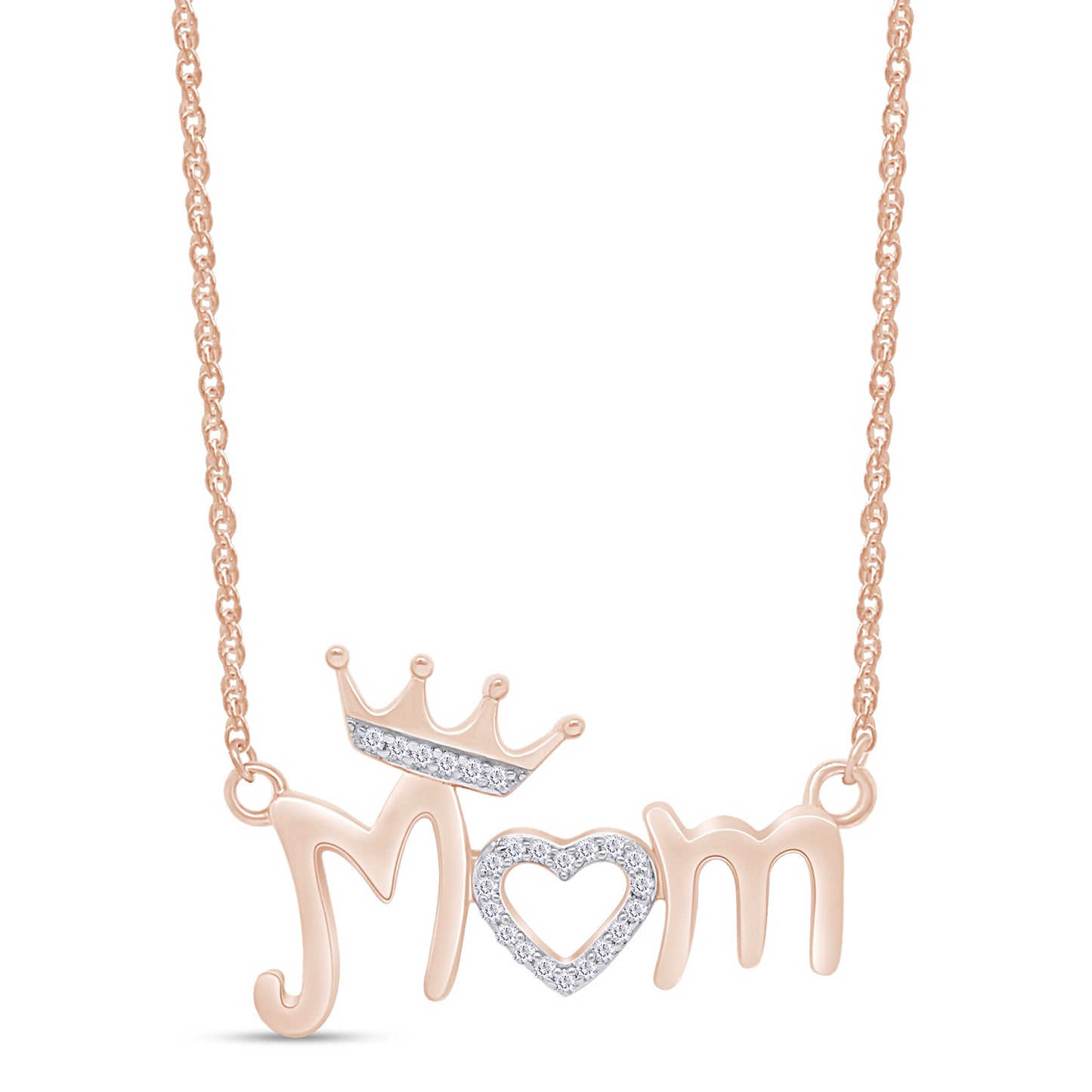 1/20 Carat Round White Natural Diamond Heart Mom With Crown Pendant Necklace In 925 Sterling Silver