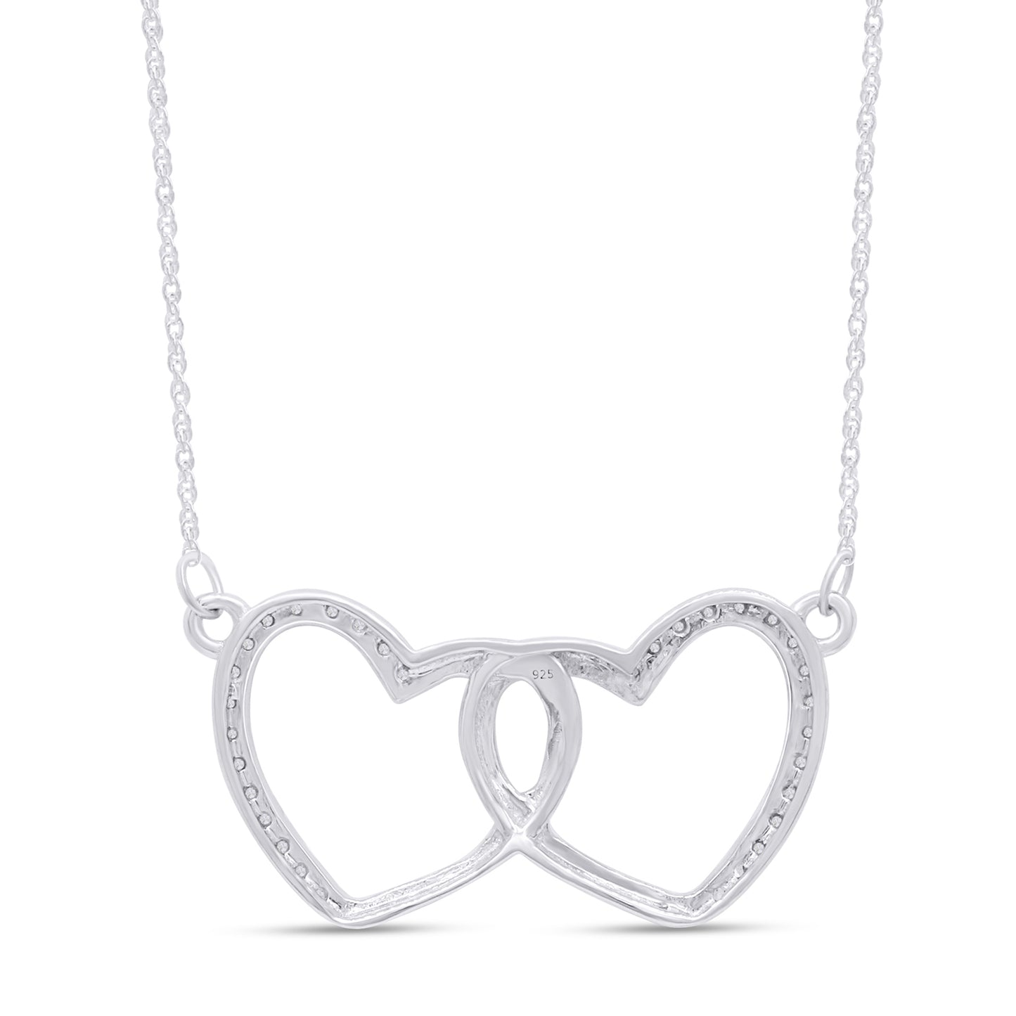 1/8 Carat Round White Natural Diamond Open Interlocking Hearts Pendant Necklace In 925 Sterling Silver