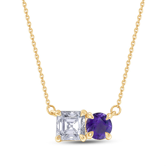 Load image into Gallery viewer, Round Amethyst &amp;amp; Asscher Cut Lab Created Moissanite Diamond Toi Et Moi 2 Stone Pendant Necklace In 925 Sterling Silver (2.40 Cttw)
