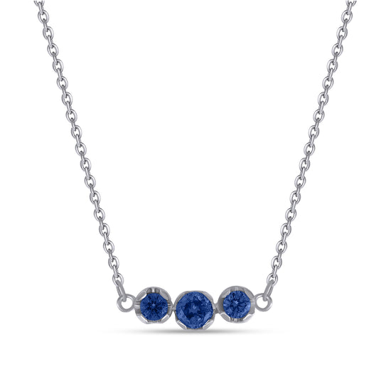 Round Cut Simulated Blue Sapphire 3-Stone Pendant Necklace For Womens In 10K Or 14K Solid Gold And 925 Sterling Silver