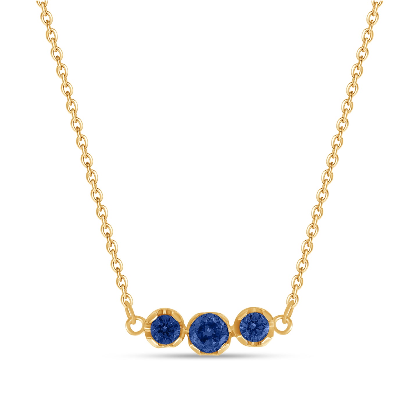 Round Cut Simulated Blue Sapphire 3-Stone Pendant Necklace For Womens In 10K Or 14K Solid Gold And 925 Sterling Silver