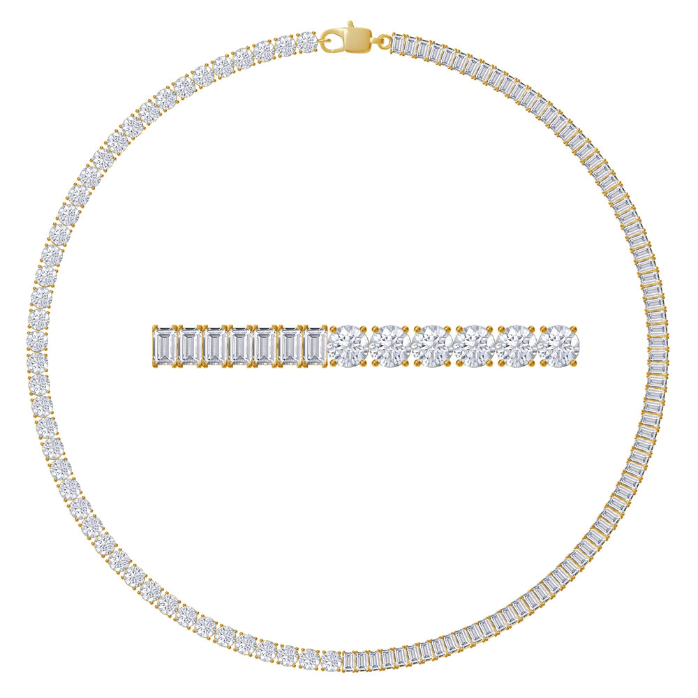 
                      
                        Half & Half Round And Baguette Shape White Cubic Zirconia Tennis Chain Necklace For Women In 14K Gold Plated 925 Sterling Silver (16" to 20")
                      
                    