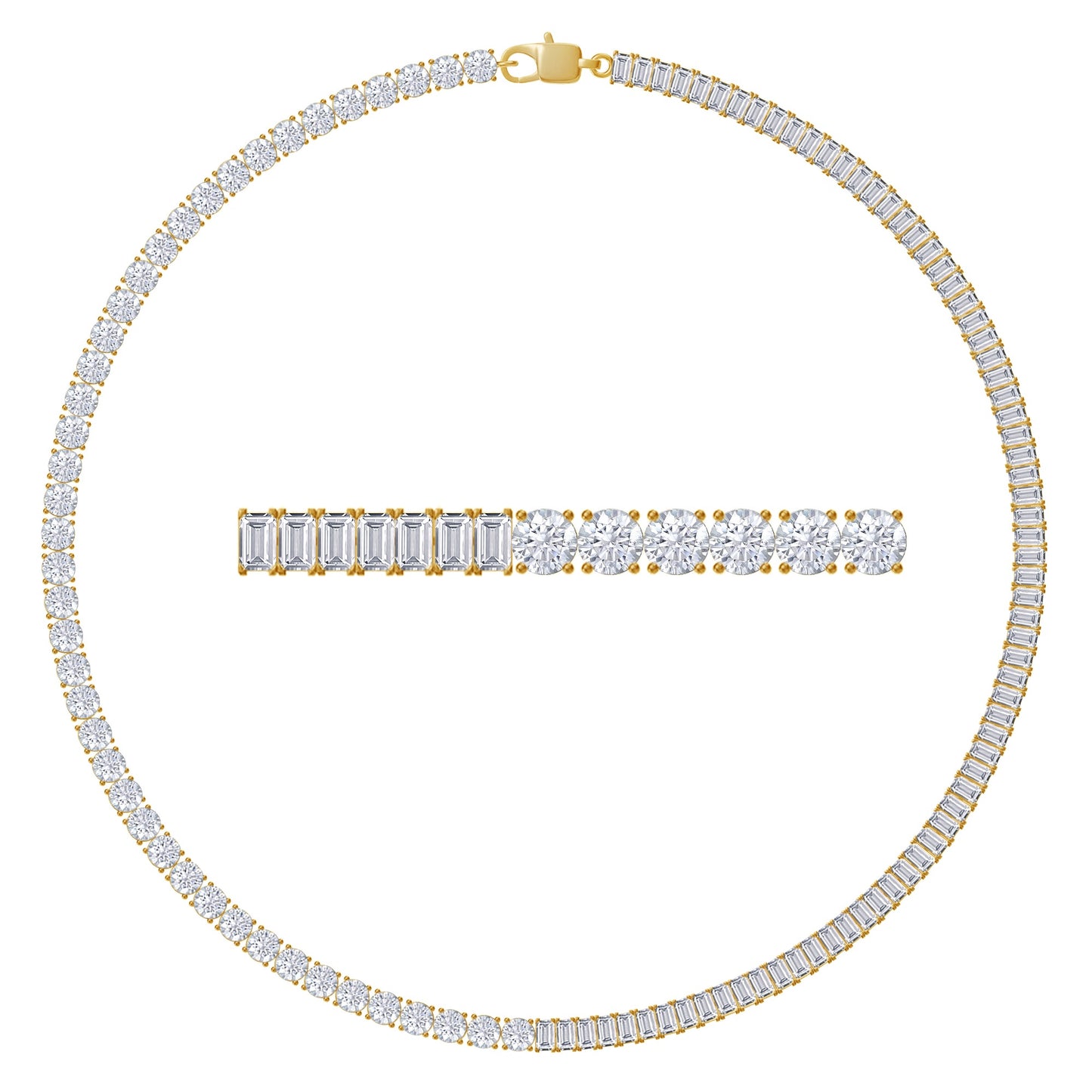 Half & Half Round And Baguette Shape White Cubic Zirconia Tennis Chain Necklace For Women In 14K Gold Plated 925 Sterling Silver (16" to 20")