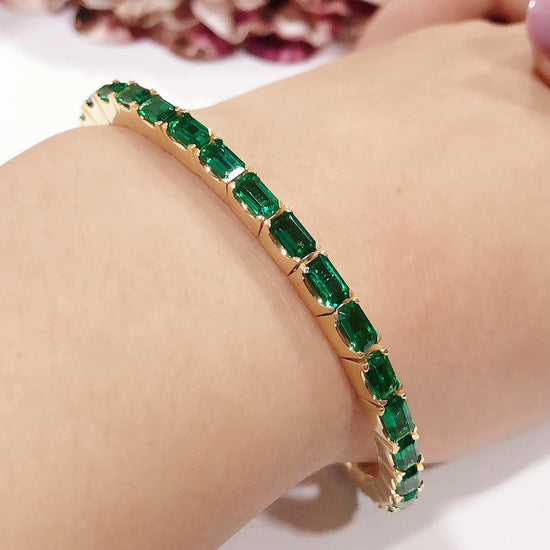 Emerald Cut Simulated Emerald Stretchable Tennis Bracelet For Women In 14k Gold Over Sterling Silver