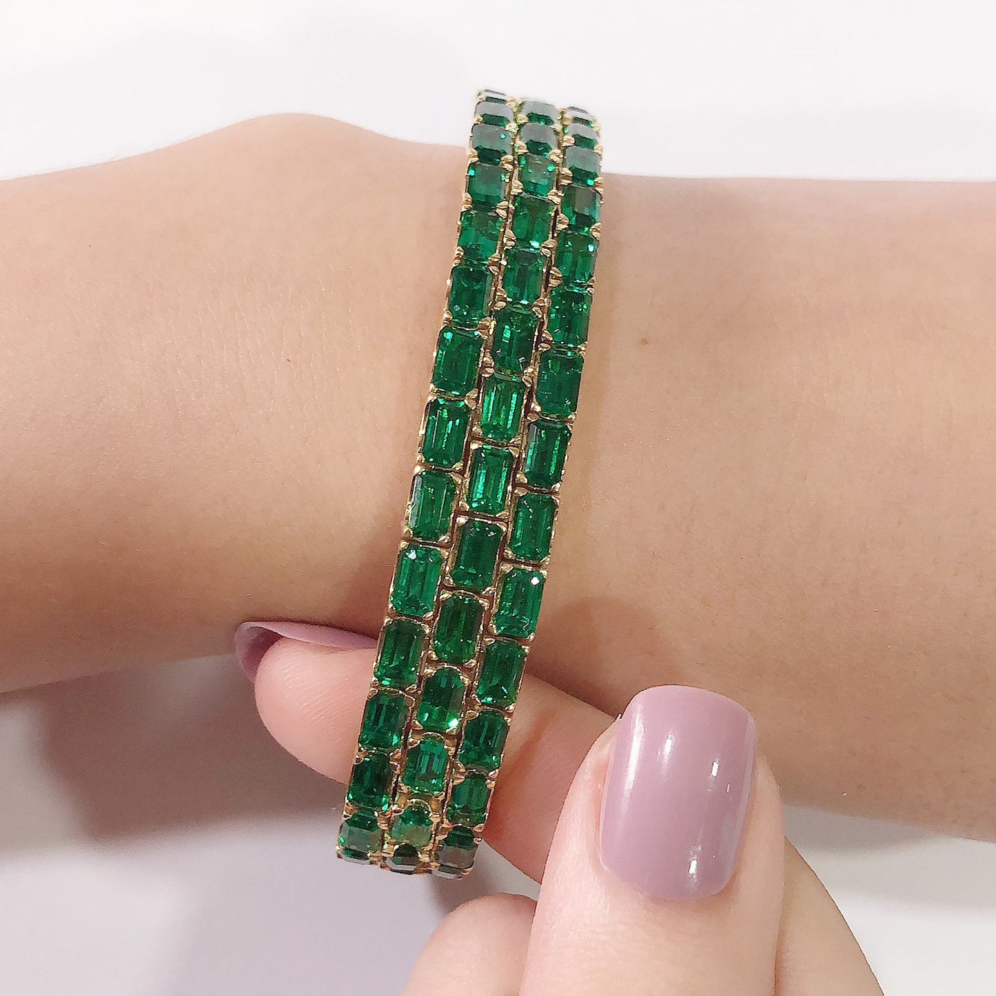 Emerald Cut Simulated Green Emerald Three Row Stretchable Tennis Bracelet For Women In 14K Gold Over Sterling Silver
