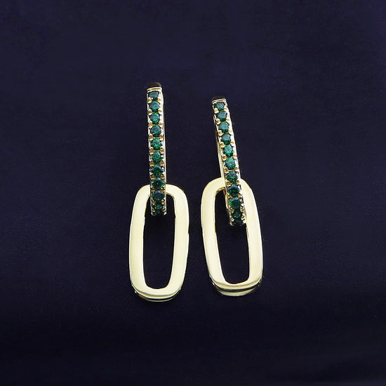 Round Cut Simulated Green Emerald Paperclip Link Chain Earrings For Women In 10K Or 14K Solid Gold And 925 Sterling Silver