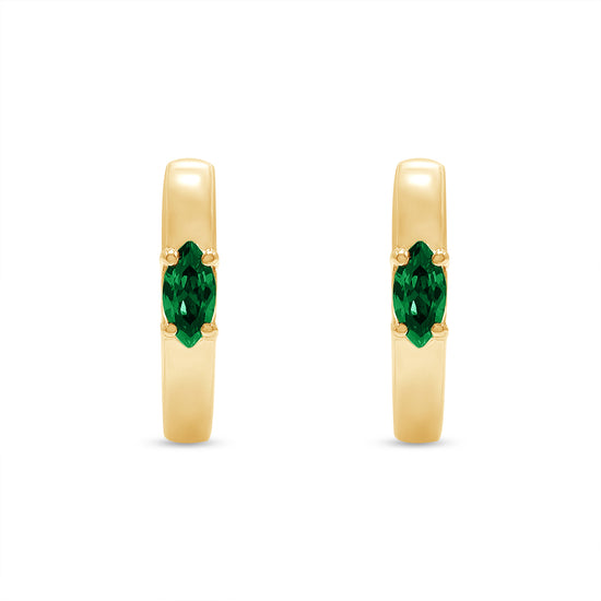Marquise Cut Simulated Green Emerald Solitaire Huggie Hoop Earrings For Women In 10K Or 14K Solid Gold And 925 Sterling Silver