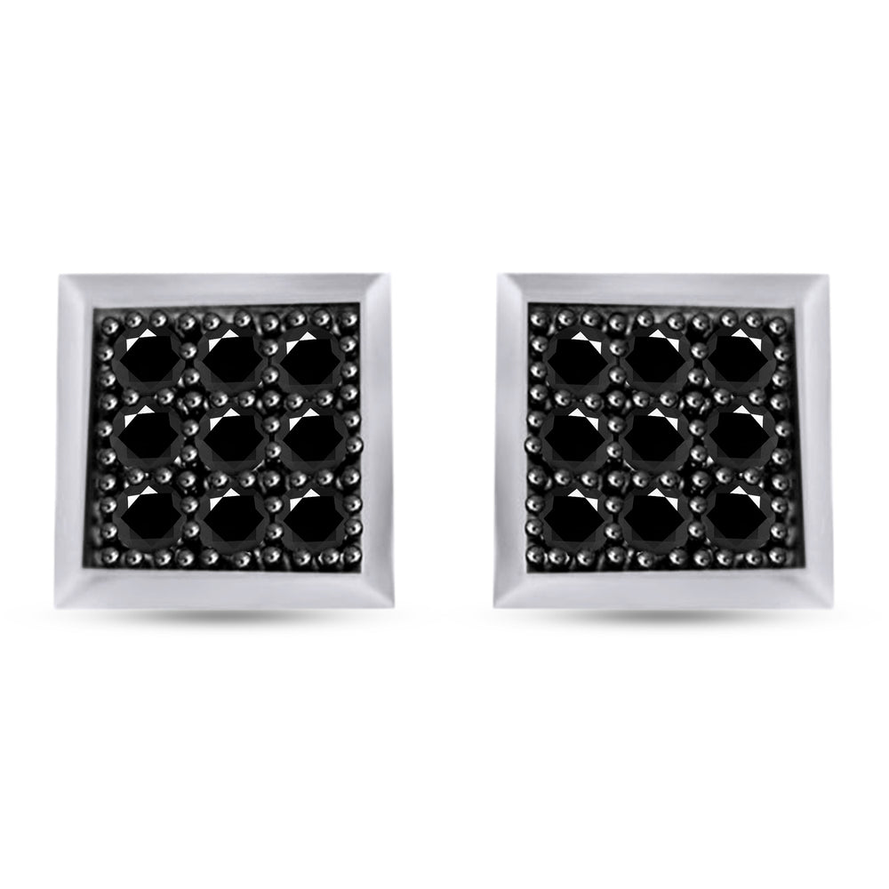 Round Shape Enhanced Black Natural Diamond Square Stud Earrings In 14K Gold Over Sterling Silver( 0.10 Cttw)