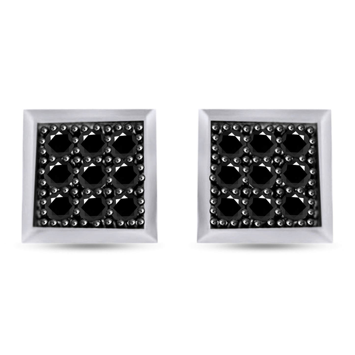 Round Shape Enhanced Black Natural Diamond Square Stud Earrings In 14K Gold Over Sterling Silver( 0.10 Cttw)