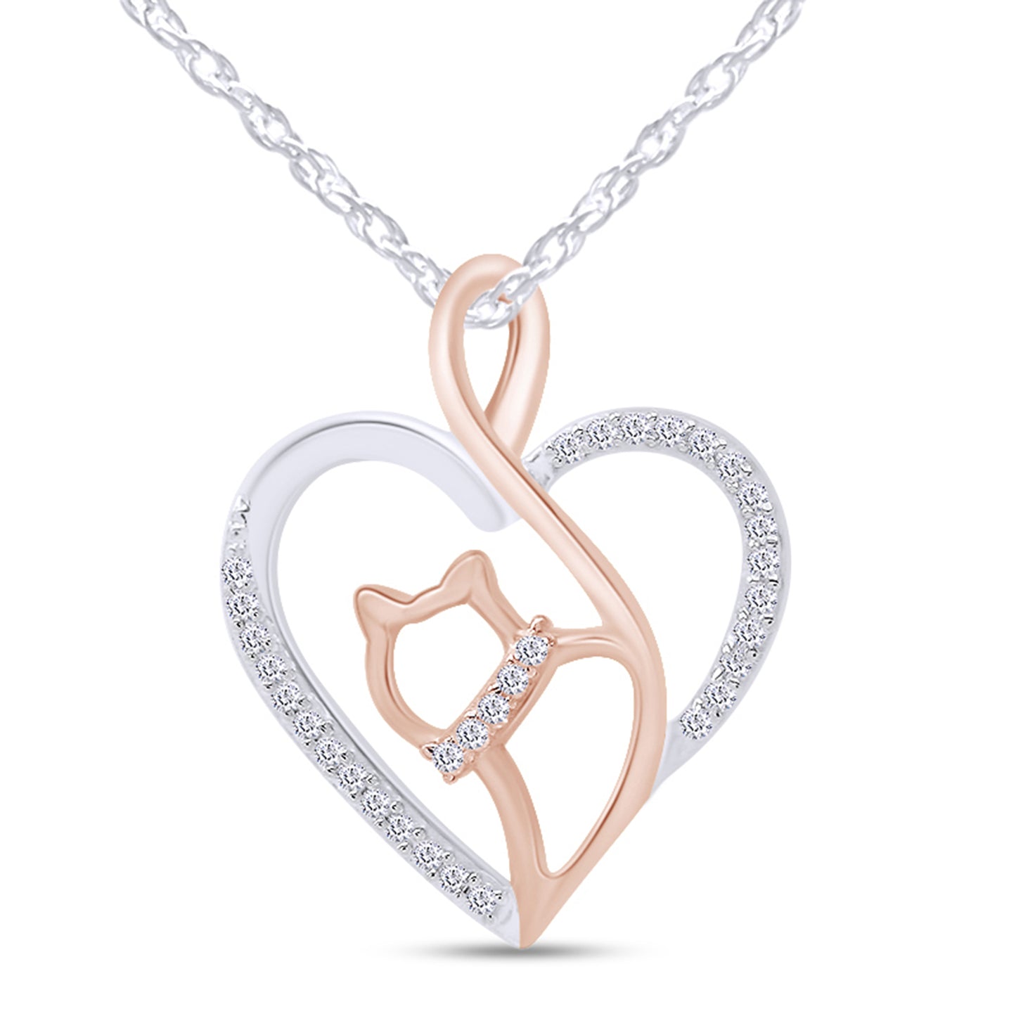 Round Cut Lab Created Moissanite Diamond Two Tone Open Heart Cat Pendant Necklace In 10K Or 14K Solid Gold (0.07 Cttw)