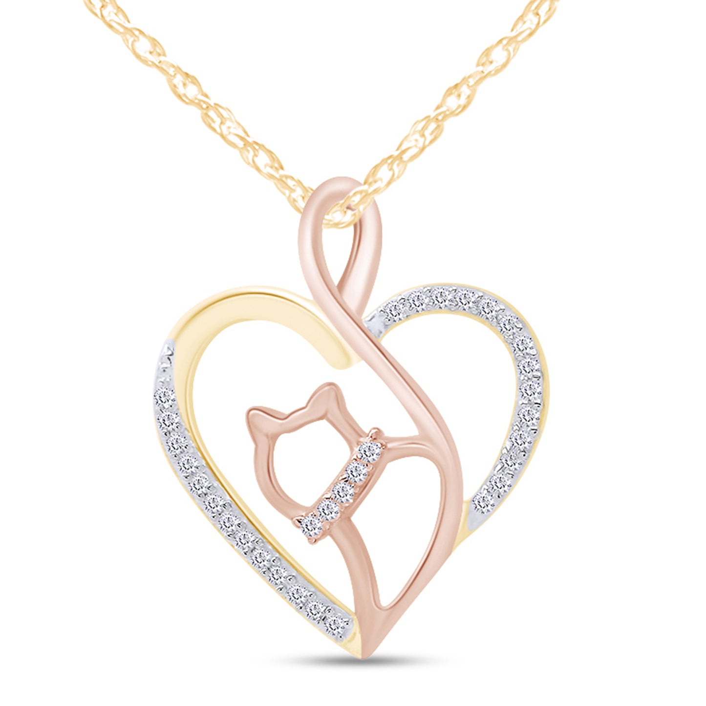 Round Cut Lab Created Moissanite Diamond Two Tone Open Heart Cat Pendant Necklace In 10K Or 14K Solid Gold (0.07 Cttw)