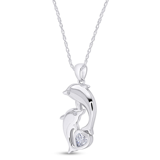 Mother And Baby Dolphin Pendant Necklace 14K White Gold Over Sterling Silver Pendant Necklace