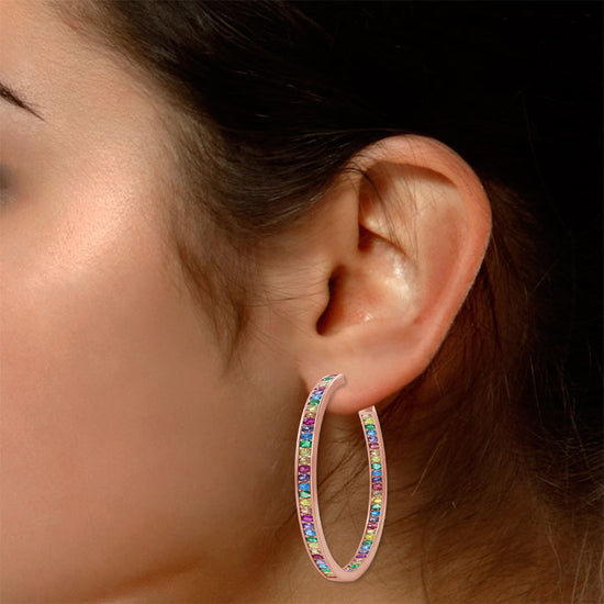 Rainbow Hoop Earrings for Women, 925 Sterling Silver Post Multi-Color Cubic Zirconia 14K Gold Plated Inside-Out Big Circle Hoops Earrings Jewelry Gifts for Women Sensitive Ears