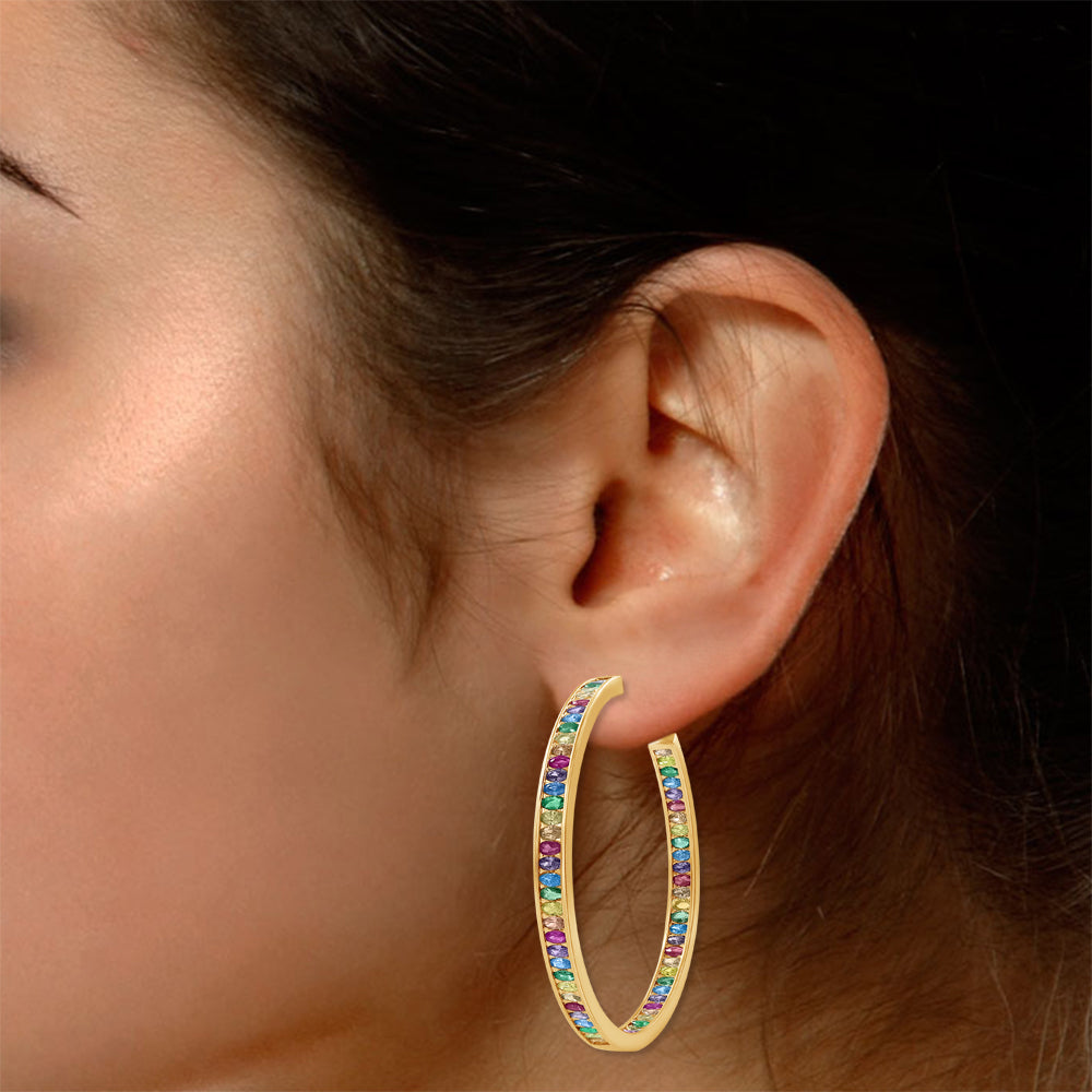 Rainbow Hoop Earrings for Women, 925 Sterling Silver Post Multi-Color Cubic Zirconia 14K Gold Plated Inside-Out Big Circle Hoops Earrings Jewelry Gifts for Women Sensitive Ears