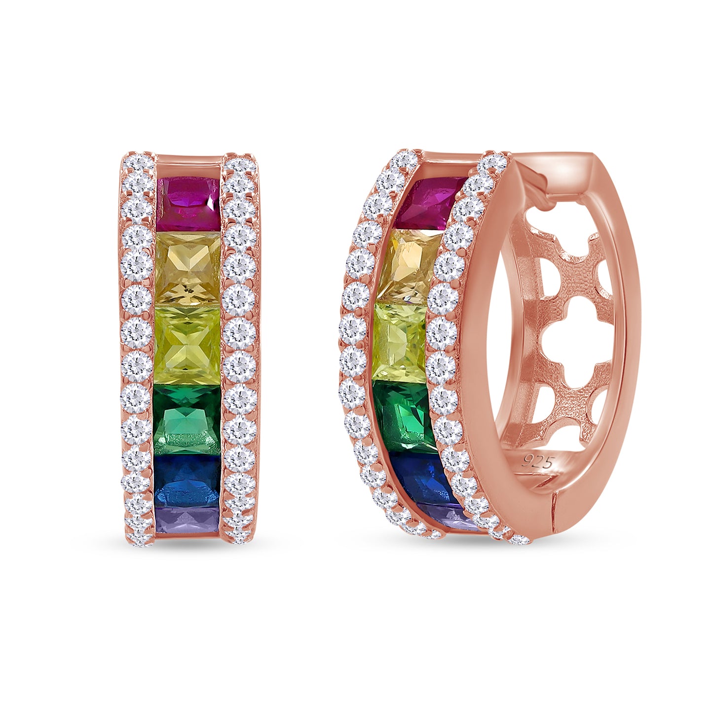 Rainbow Hoop Earrings for Women, 14K Gold Plated 925 Sterling Silver Multi-Color Cubic Zirconia Round Huggie Earrings, Hypoallergenic Earrings Jewelry Gifts