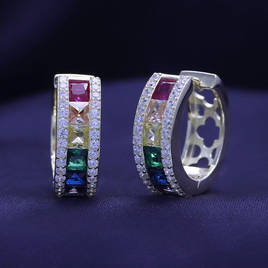 Rainbow Hoop Earrings for Women, 14K Gold Plated 925 Sterling Silver Multi-Color Cubic Zirconia Round Huggie Earrings, Hypoallergenic Earrings Jewelry Gifts