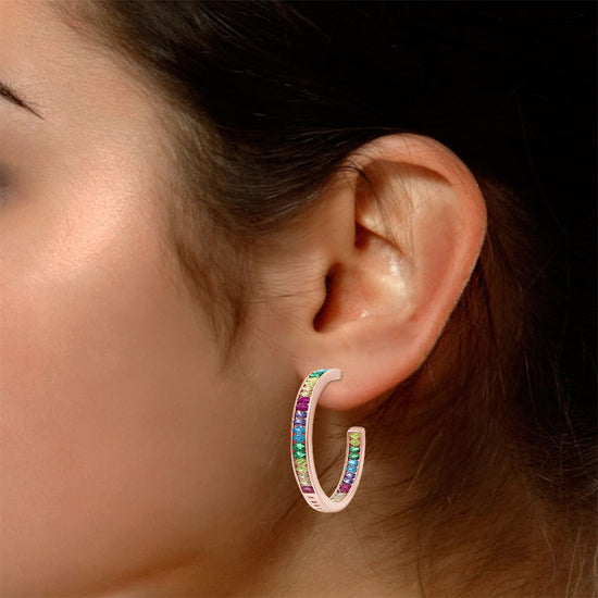 Rainbow Hoop Earrings for Women, Multi-Color Cubic Zirconia Inside-Outside Large Big Hoop Earrings, Hypoallergenic Jewelry for Sensitive Ears In 14K Gold Plated 925 Sterling Silver