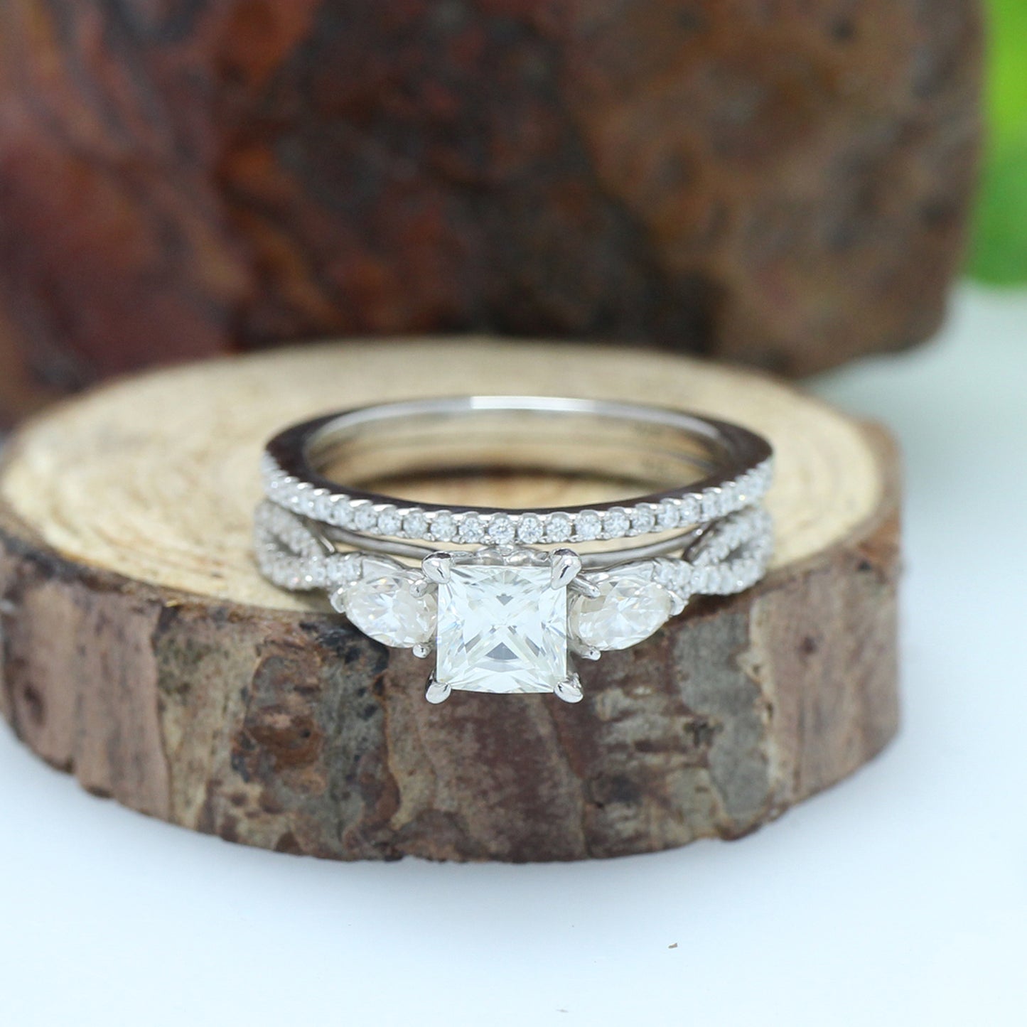 Princess & Pear Cut Lab Created Moissanite Diamond Infinity 3-Stone Bridal Set Engagement Rings In 925 Sterling Silver (1.40 Cttw)