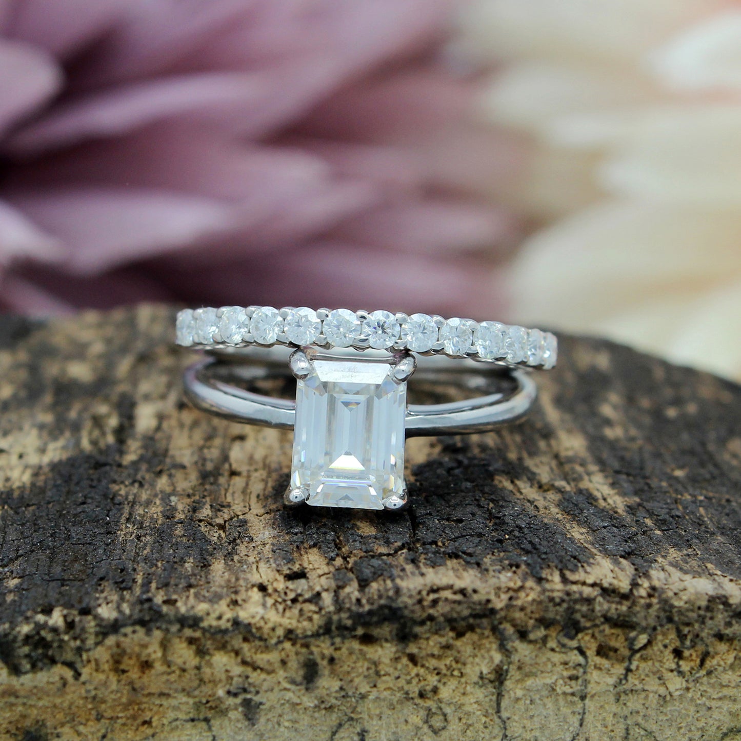 2 Carat 8X6MM Emerald Cut Lab Created Moissanite Diamond Solitaire Ring With Band Gift In 925 Sterling Silver