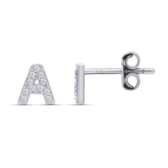 Load image into Gallery viewer, Round White Cubic Zirconia Alphabet A, B, C Letter Initial Stud Earrings In 925 Sterling Silver
