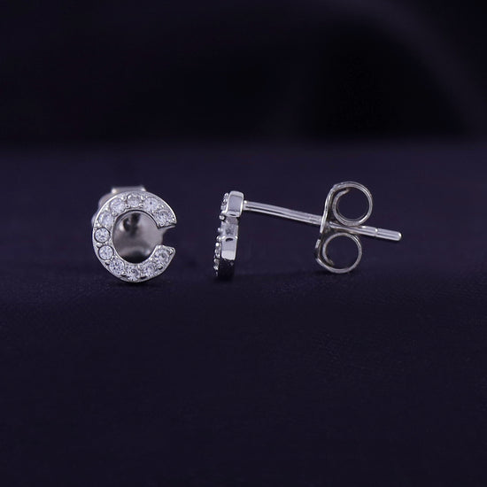 Round White Cubic Zirconia Alphabet A, B, C Letter Initial Stud Earrings In 925 Sterling Silver