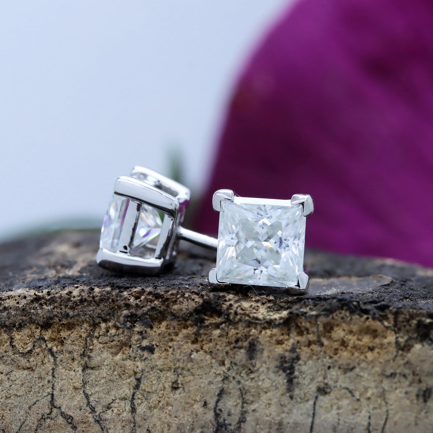 7MM Square Princess Lab Created Diamond Moissanite Solitaire Stud Earrings For Women In 925 Sterling Silver