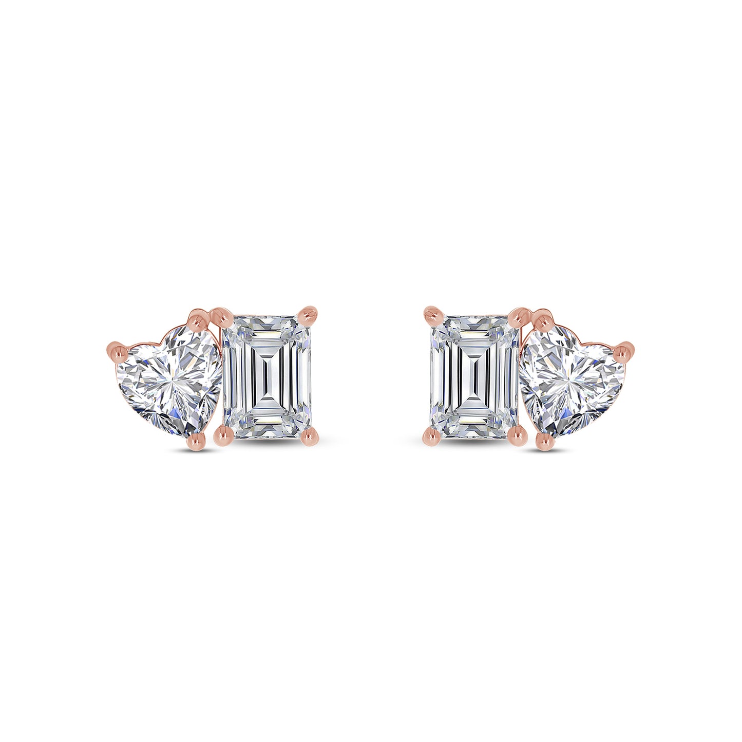 Emerald & Heart Cut Lab Created Moissanite Diamond 2 Stone Toi Et Moi Stud Earring In 925 Sterling Silver (1.70 Cttw)