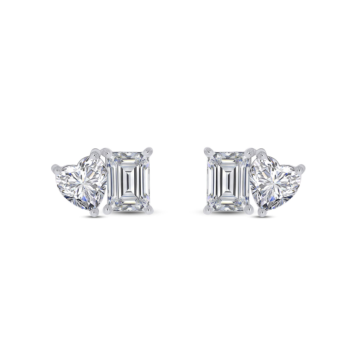 Emerald & Heart Cut Lab Created Moissanite Diamond 2 Stone Toi Et Moi Stud Earring In 925 Sterling Silver (1.70 Cttw)