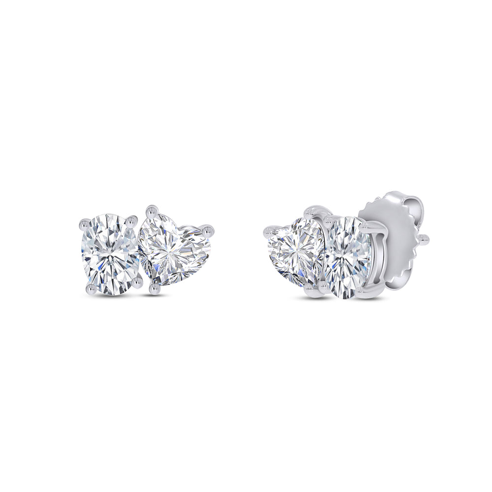 Oval & Heart Cut Lab Created Moissanite Diamond 2 Stone Toi Et Moi Stud Earring In 925 Sterling Silver (1.70 Cttw)