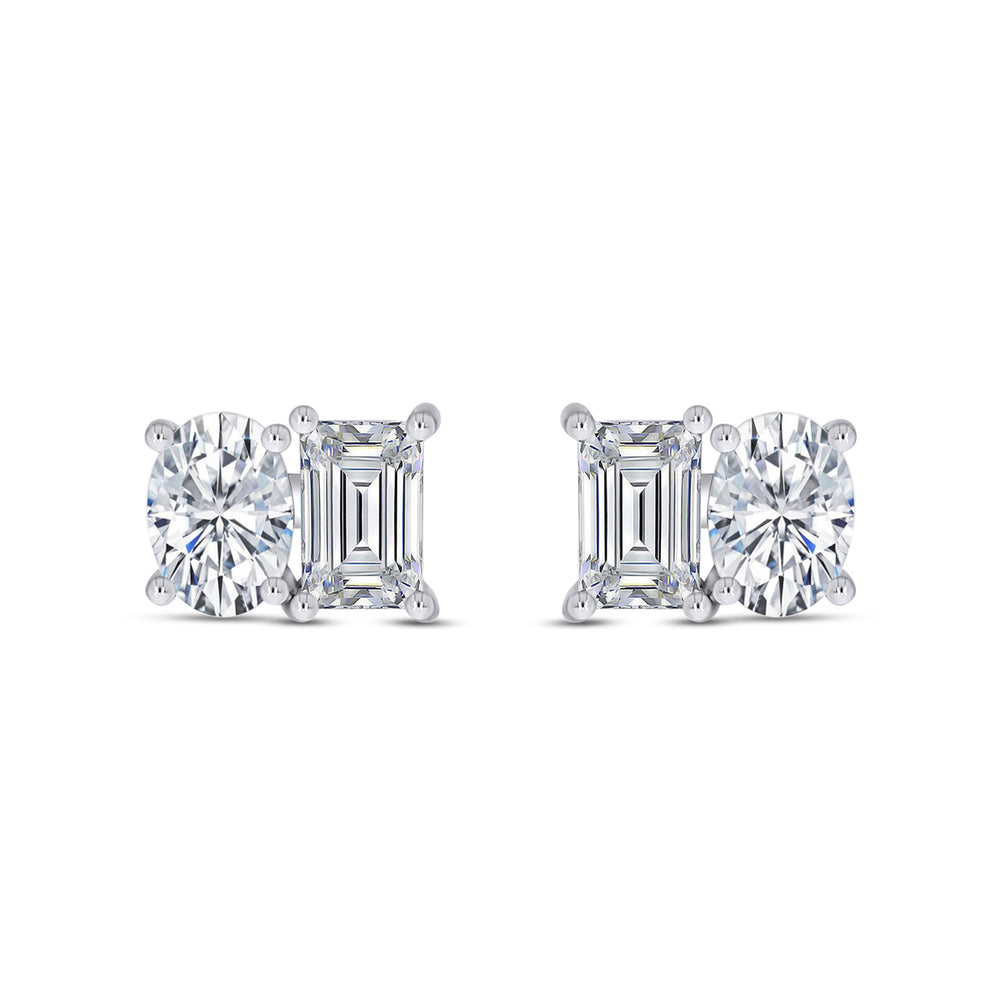 Oval & Emerald Cut Lab Created Moissanite Diamond 2 Stone Toi Et Moi Stud Earring In 925 Sterling Silver (1.64 Cttw)