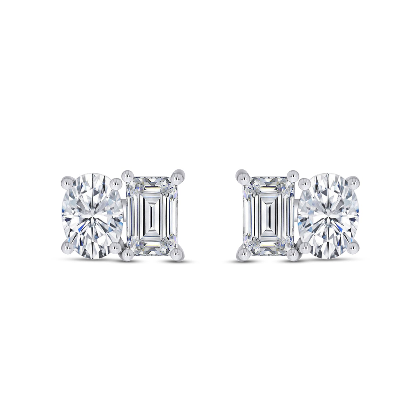 Oval & Emerald Cut Lab Created Moissanite Diamond 2 Stone Toi Et Moi Stud Earring In 925 Sterling Silver (1.64 Cttw)