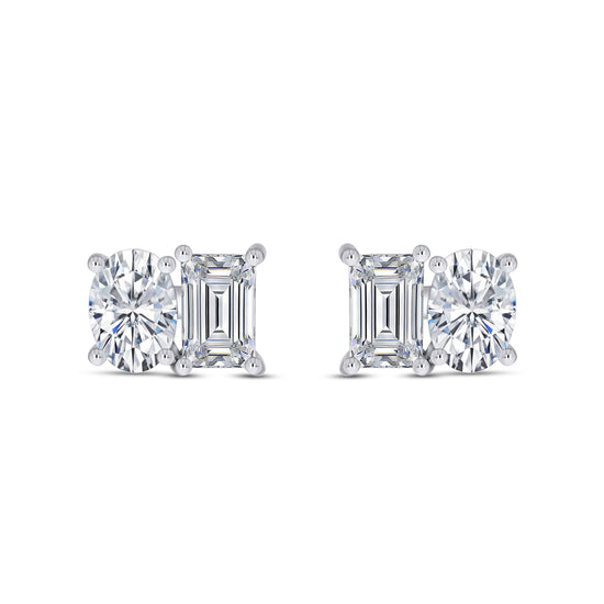 Load image into Gallery viewer, Oval &amp;amp; Emerald Cut Lab Created Moissanite Diamond 2 Stone Toi Et Moi Stud Earring In 925 Sterling Silver (1.64 Cttw)
