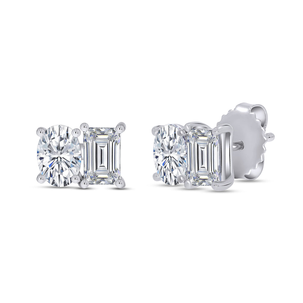 Oval & Emerald Cut Lab Created Moissanite Diamond 2 Stone Toi Et Moi Stud Earring In 925 Sterling Silver (1.64 Cttw)