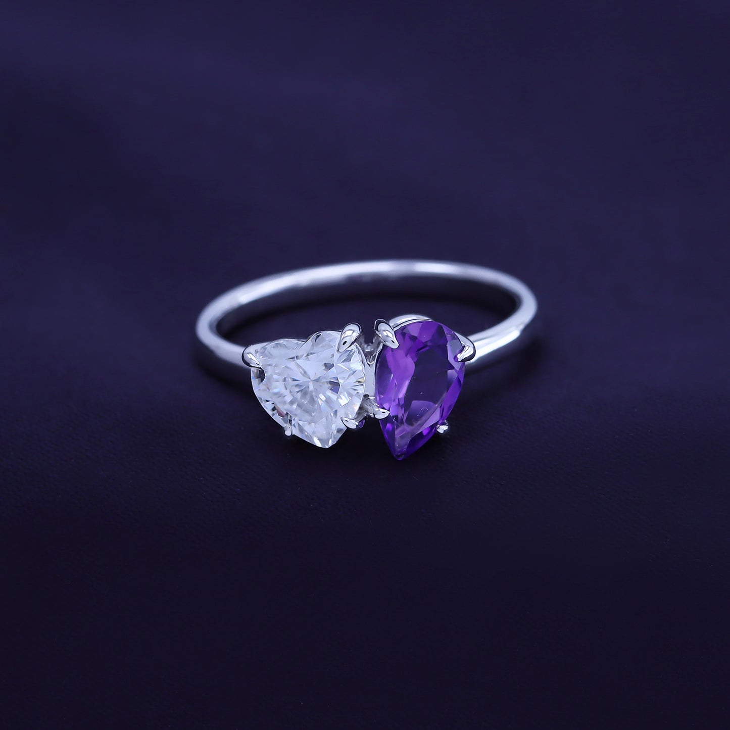 1.80 Carat Pear Shape Natural Amethyst & Heart Cut Lab Created Moissanite Diamond Toi Et Moi 2-Stone Engagement Ring In 925 Sterling Silver