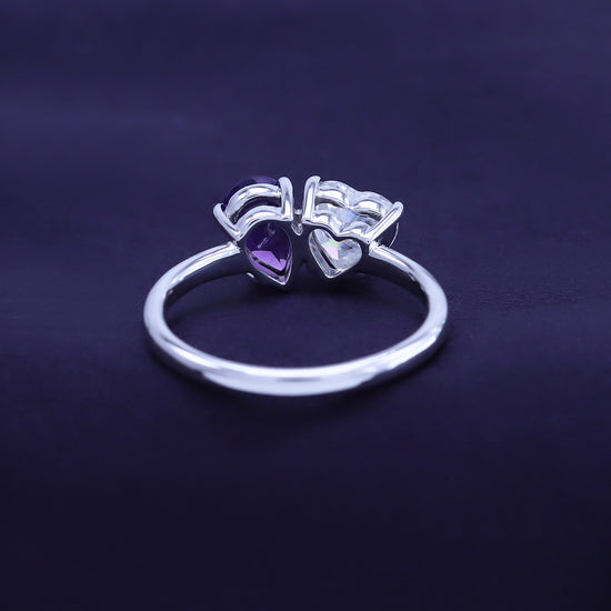 1.80 Carat Pear Shape Natural Amethyst & Heart Cut Lab Created Moissanite Diamond Toi Et Moi 2-Stone Engagement Ring In 925 Sterling Silver