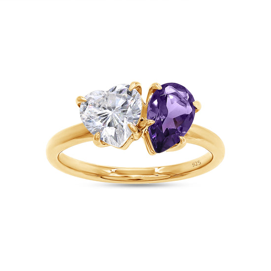Load image into Gallery viewer, 1.80 Carat Pear Shape Natural Amethyst &amp;amp; Heart Cut Lab Created Moissanite Diamond Toi Et Moi 2-Stone Engagement Ring In 925 Sterling Silver
