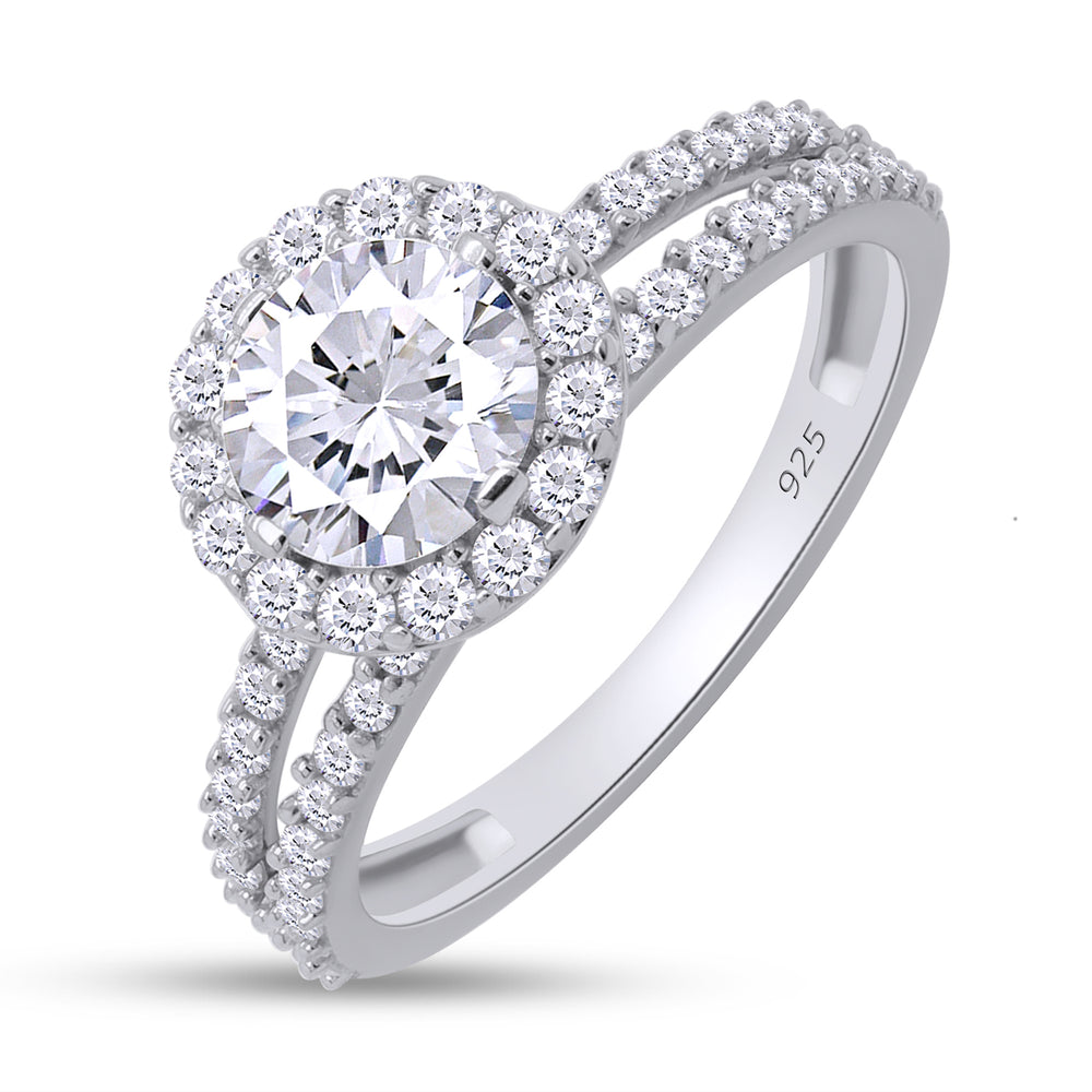 
                      
                        6.5MM Round Lab Created Moissanite Diamond Halo Split Shank Engagement Ring In 925 Sterling Silver (1.50 Cttw)
                      
                    