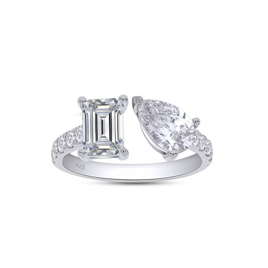 2.50 Carat Emerald, Pear & Round Cut Lab Created Moissanite Adjustable Toi Et Moi Ring In 925 Sterling Silver