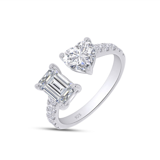 1.90 Carat Emerald, Heart & Round Cut Lab Created Moissanite Adjustable Toi Et Moi Ring In 925 Sterling Silver