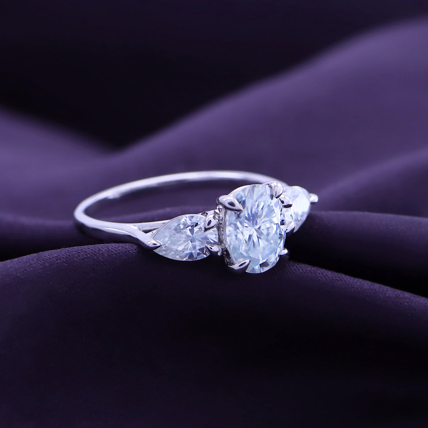 Oval & Pear Lab Created Moissanite Diamond 3-Stone Engagement Ring For Women In 925 Sterling Silver ( 2.10 Cttw)