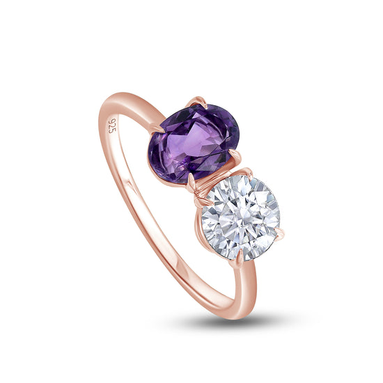 Load image into Gallery viewer, 1 1/2 Carat Oval Amethyst &amp;amp; Round Lab Created Moissanite Diamond Toi Et Moi 2-Stone Engagement Ring For Women In 925 Sterling Silver
